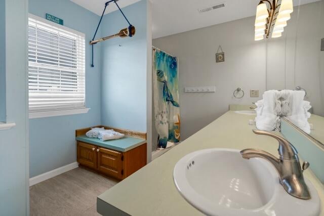 bathroom with walk in shower and vanity