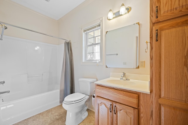 full bath featuring vanity, ornamental molding, toilet, and shower / bathtub combination with curtain