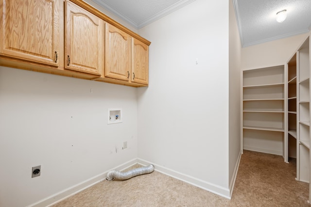 laundry area featuring washer hookup, carpet flooring, electric dryer hookup, and cabinet space