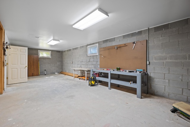basement with concrete block wall and a workshop area