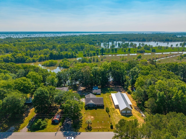 bird's eye view featuring a water view and a wooded view