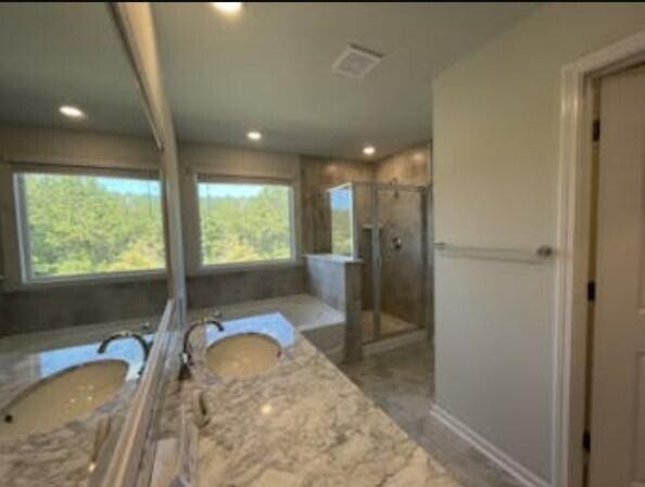 bathroom featuring vanity and independent shower and bath