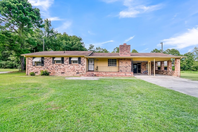 single story home with a carport, a front yard, and covered porch