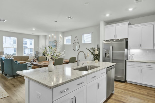 kitchen featuring appliances with stainless steel finishes, sink, white cabinets, a kitchen island with sink, and light stone counters