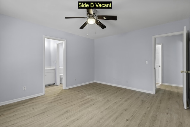 unfurnished bedroom with ceiling fan, baseboards, ensuite bath, and light wood finished floors