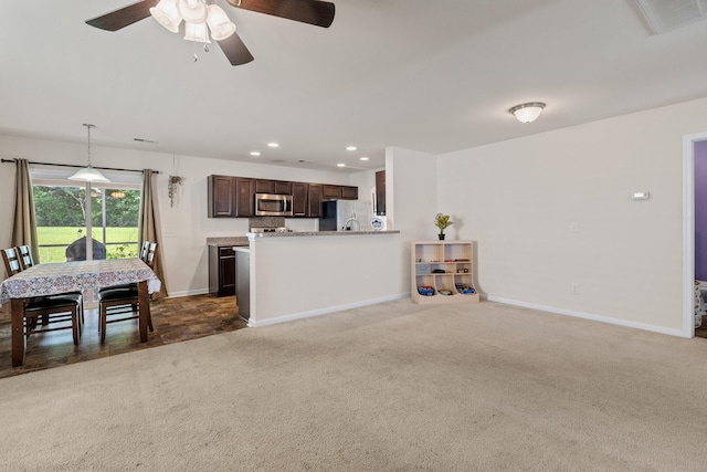 251 Coosawatchie St, Summerville, SC 29485 - living room featuring baseboards, carpet floors, a ceiling fan, and recessed lighting