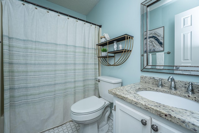 1918 Piper Dr, Charleston, SC 29407 - bathroom featuring toilet, vanity, a textured ceiling, and a shower with shower curtain