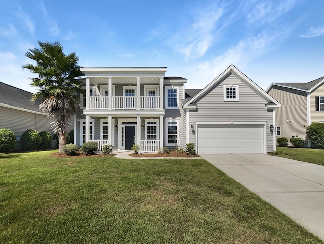 view of front of property featuring a garage, concrete driveway, a balcony, a porch, and a front lawn