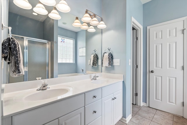 1431 Whispering Oak Trl, Mount Pleasant, SC 29466 - full bathroom featuring double vanity, a shower stall, tile patterned floors, and a chandelier