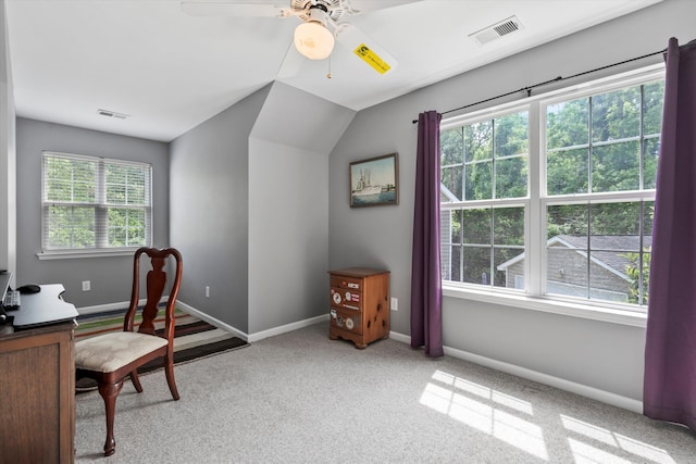 1431 Whispering Oak Trl, Mount Pleasant, SC 29466 - office space featuring a ceiling fan, carpet, and lofted ceiling