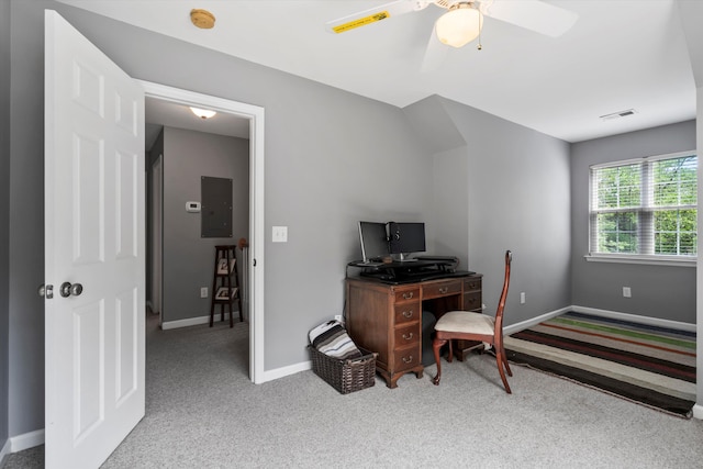 1431 Whispering Oak Trl, Mount Pleasant, SC 29466 - office area with carpet flooring, electric panel, and a ceiling fan