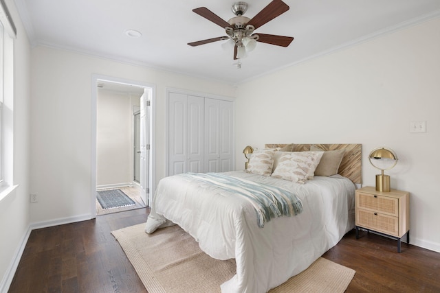 bedroom with a closet, ceiling fan, dark hardwood / wood-style flooring, and ornamental molding