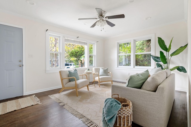 living room featuring ceiling fan, dark hardwood / wood-style flooring, and ornamental molding