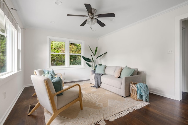 living room with ceiling fan, dark hardwood / wood-style floors, and ornamental molding