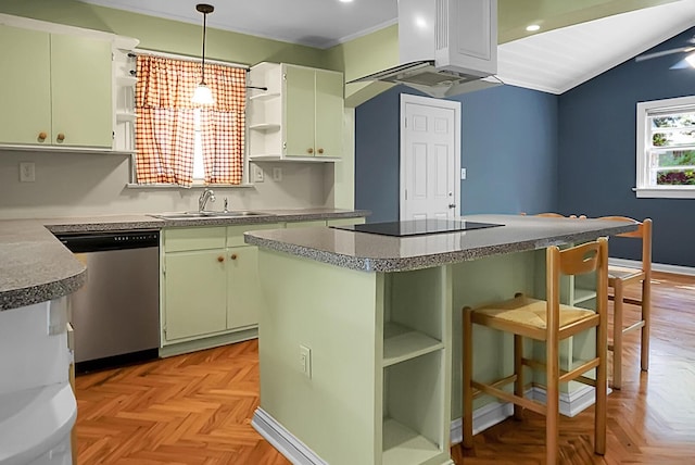 kitchen featuring dishwasher, a center island, sink, and light parquet flooring