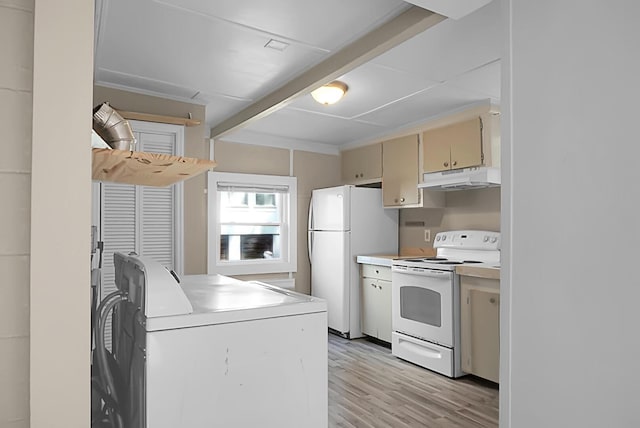 kitchen with white appliances, washer / clothes dryer, light hardwood / wood-style flooring, and cream cabinetry