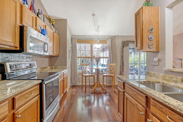 kitchen with plenty of natural light, a textured ceiling, stainless steel appliances, and dark wood-type flooring