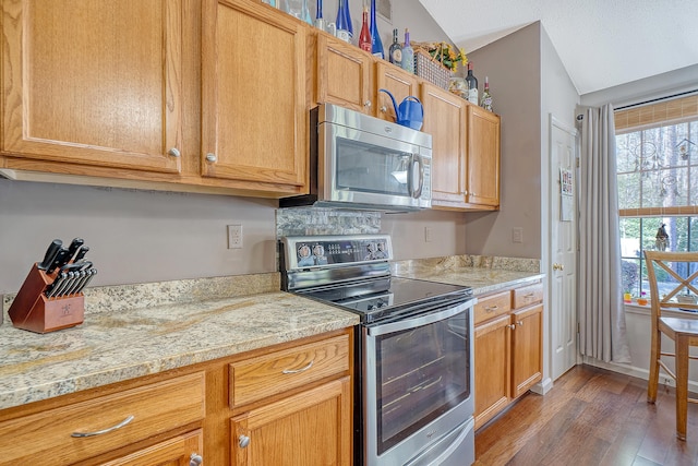 kitchen with vaulted ceiling, stainless steel appliances, and dark wood finished floors