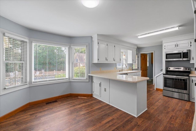 kitchen with white cabinetry, sink, stainless steel appliances, dark wood-type flooring, and kitchen peninsula