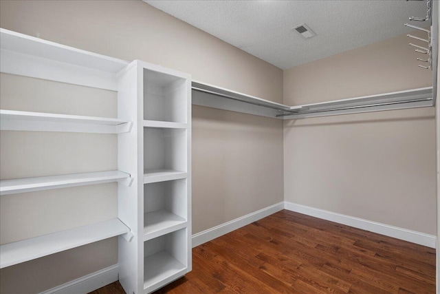 walk in closet with dark hardwood / wood-style floors