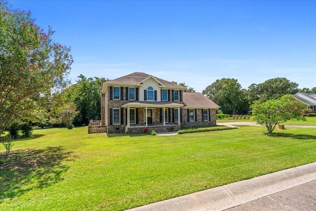 view of front of home with covered porch and a front yard