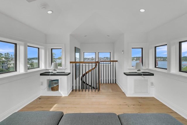 interior space with built in desk, light hardwood / wood-style floors, and plenty of natural light