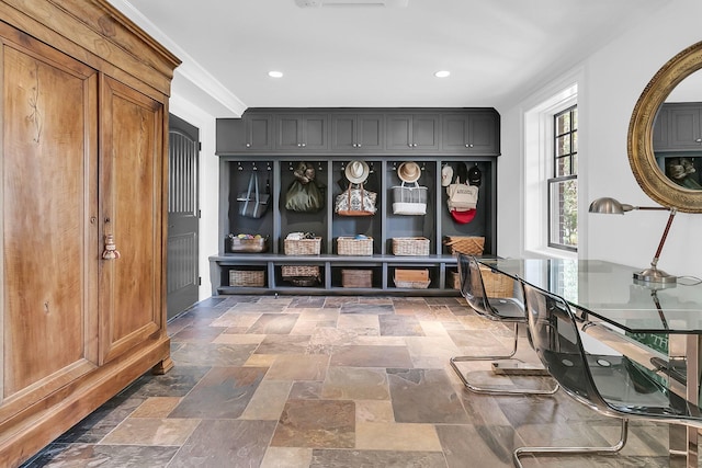 1913 Mooring Line Way, Mount Pleasant, SC 29466 - mudroom featuring crown molding, recessed lighting, and stone tile floors