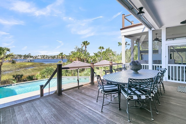 1913 Mooring Line Way, Mount Pleasant, SC 29466 - deck featuring a water view, outdoor dining area, ceiling fan, and an outdoor pool