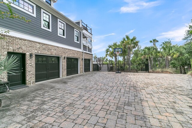 view of patio with a garage