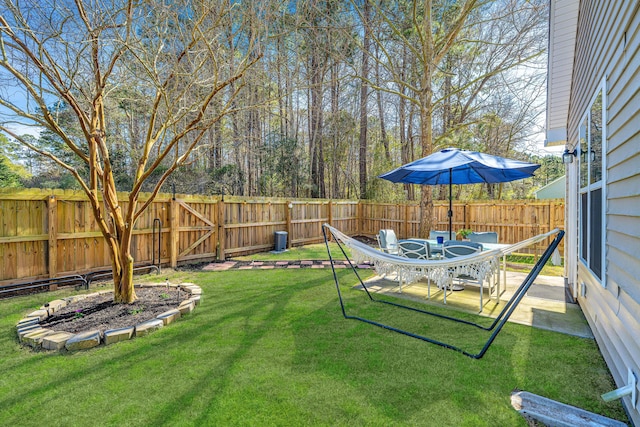 view of yard with a fenced backyard and a patio