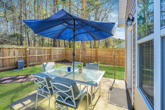 view of patio / terrace featuring a fenced backyard and outdoor dining space