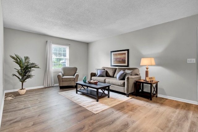 living room with a textured ceiling and light wood-type flooring