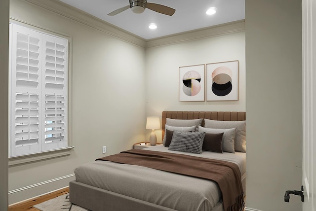 4252 Faber Place Dr Unit 203, North Charleston, SC 29405 - bedroom featuring crown molding, wood finished floors, recessed lighting, a ceiling fan, and baseboards