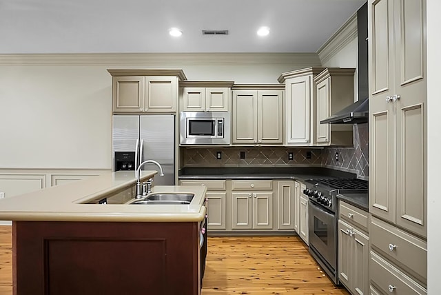 4252 Faber Place Dr Unit 203, North Charleston, SC 29405 - kitchen with stainless steel appliances, crown molding, a sink, an island with sink, and light wood-style floors