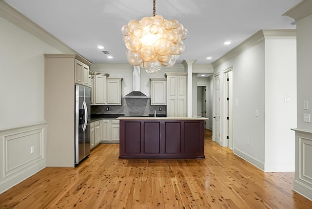 4252 Faber Place Dr Unit 203, North Charleston, SC 29405 - kitchen with wall chimney range hood, stainless steel fridge with ice dispenser, ornamental molding, light wood finished floors, and decorative backsplash