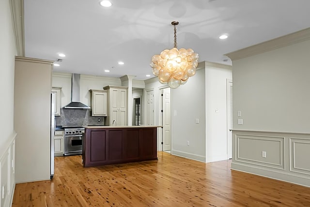 4252 Faber Place Dr Unit 203, North Charleston, SC 29405 - kitchen with wall chimney range hood, ornamental molding, stainless steel electric range, decorative backsplash, and a chandelier