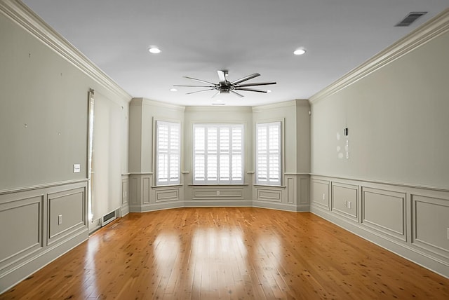 4252 Faber Place Dr Unit 203, North Charleston, SC 29405 - empty room with a decorative wall, ornamental molding, ceiling fan, light wood finished floors, and recessed lighting