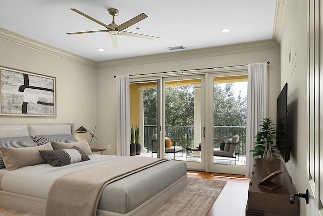 4252 Faber Place Dr Unit 203, North Charleston, SC 29405 - bedroom with access to outside, ornamental molding, recessed lighting, ceiling fan, and wood finished floors