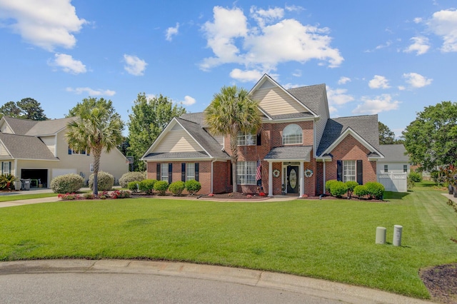 view of front facade featuring brick siding, a front yard, and a shingled roof