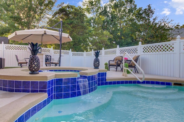 view of pool with a patio area, a fenced backyard, cooling unit, and a pool with connected hot tub
