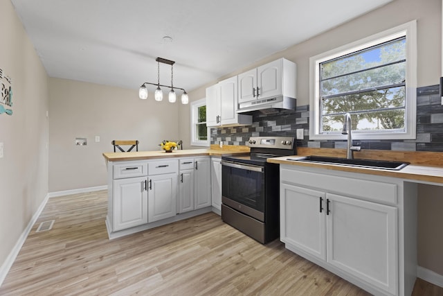 121 Harrison St, Varnville, SC 29944 - kitchen featuring stainless steel range with electric cooktop, under cabinet range hood, a peninsula, decorative backsplash, and wooden counters