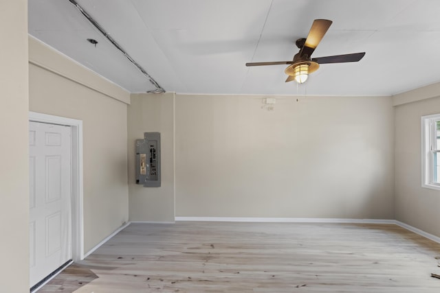 121 Harrison St, Varnville, SC 29944 - unfurnished room with electric panel, light wood-style flooring, a ceiling fan, and baseboards