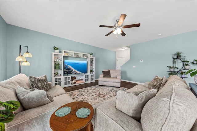3055 Matthews Dr, Sumter, SC 29154 - living room featuring ceiling fan, wood finished floors, and baseboards