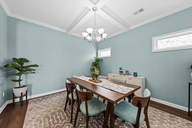 3055 Matthews Dr, Sumter, SC 29154 - dining area featuring a chandelier, beamed ceiling, wood finished floors, baseboards, and crown molding