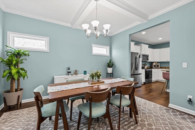 3055 Matthews Dr, Sumter, SC 29154 - dining area with beamed ceiling, a chandelier, dark wood-style flooring, ornamental molding, and baseboards