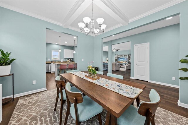 3055 Matthews Dr, Sumter, SC 29154 - dining space featuring dark wood-type flooring, beam ceiling, a chandelier, crown molding, and baseboards