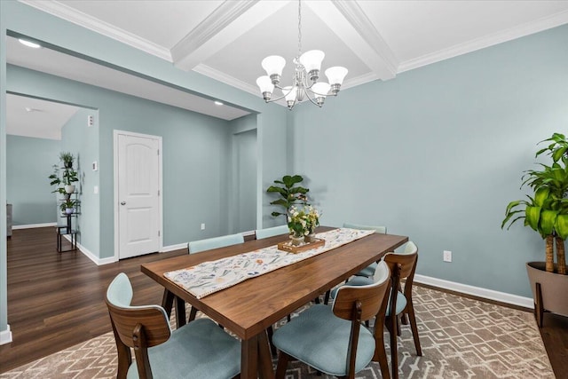 3055 Matthews Dr, Sumter, SC 29154 - dining area with beamed ceiling, a chandelier, wood finished floors, baseboards, and ornamental molding