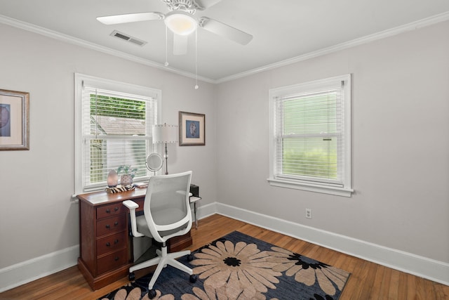 672 W Oak Forest Dr, Charleston, SC 29407 - home office featuring ornamental molding, baseboards, a ceiling fan, and wood finished floors