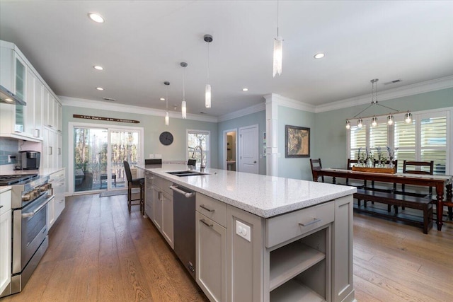 kitchen featuring crown molding, light wood finished floors, stainless steel appliances, a sink, and an island with sink