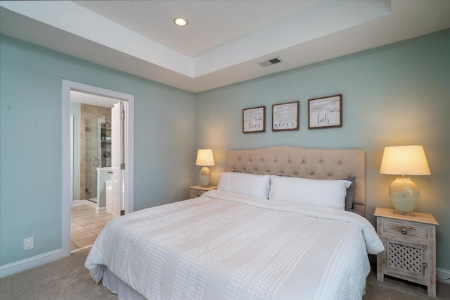 bedroom featuring carpet, recessed lighting, visible vents, and baseboards